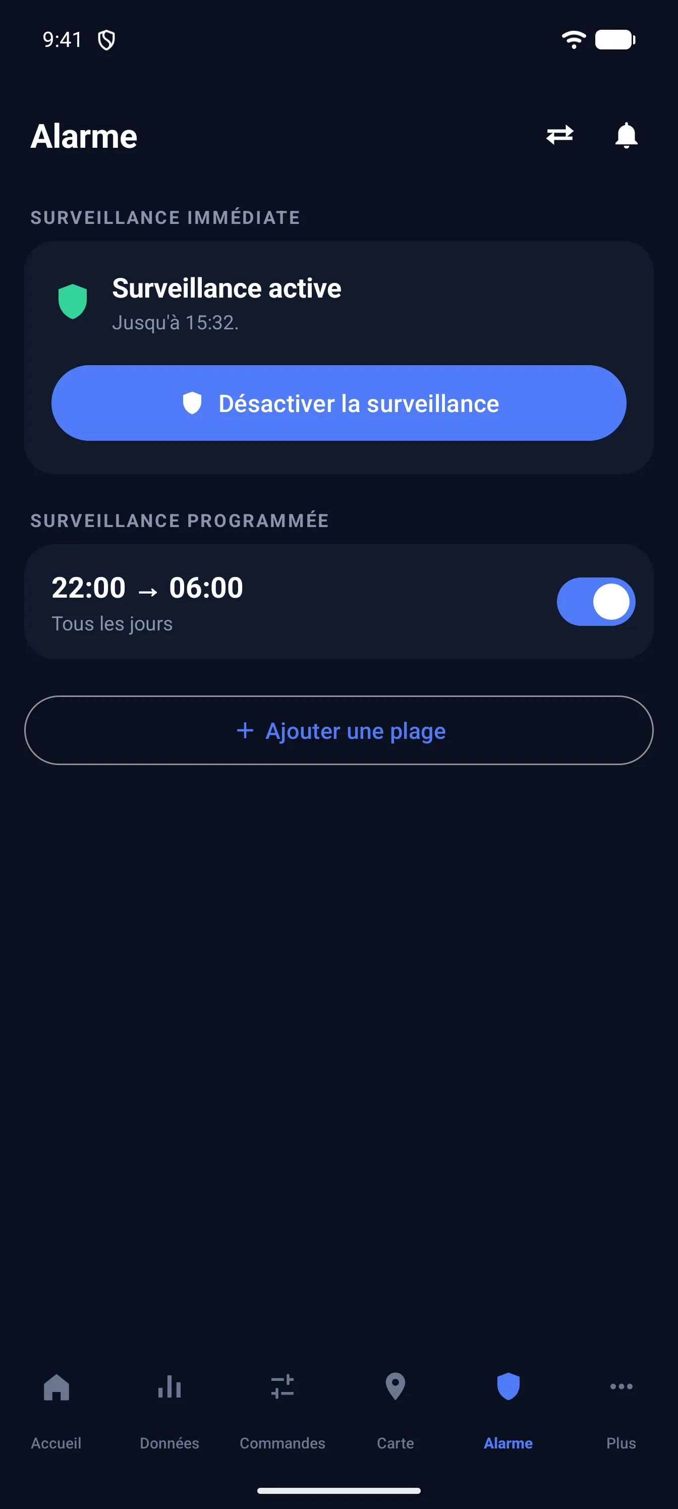 Écran Alarme de Cockpit : surveillance active et plage 22:00 → 06:00 tous les jours